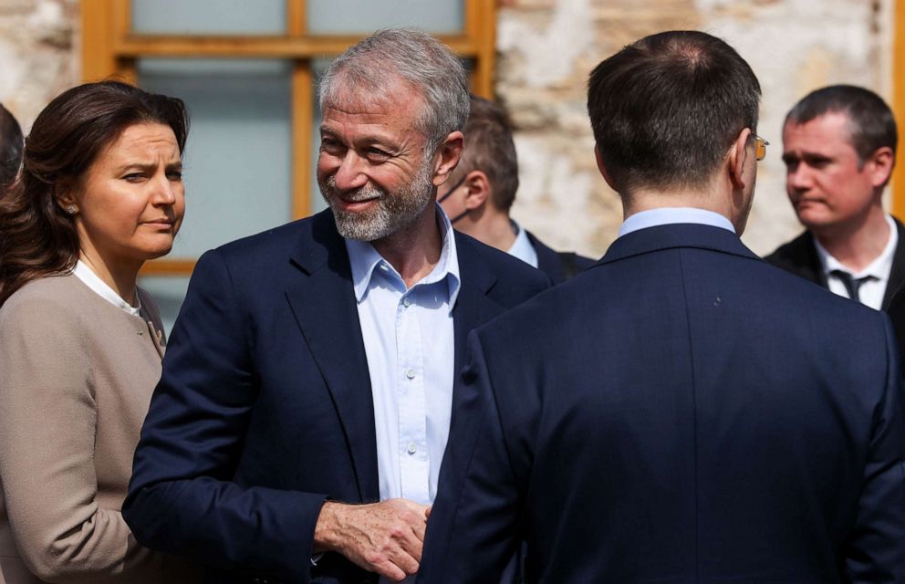 PHOTO: Roman Abramovich, center, walks outside after Russian-Ukrainian talks at the Dolmabahce Palace in Istanbul, March 29, 2022.