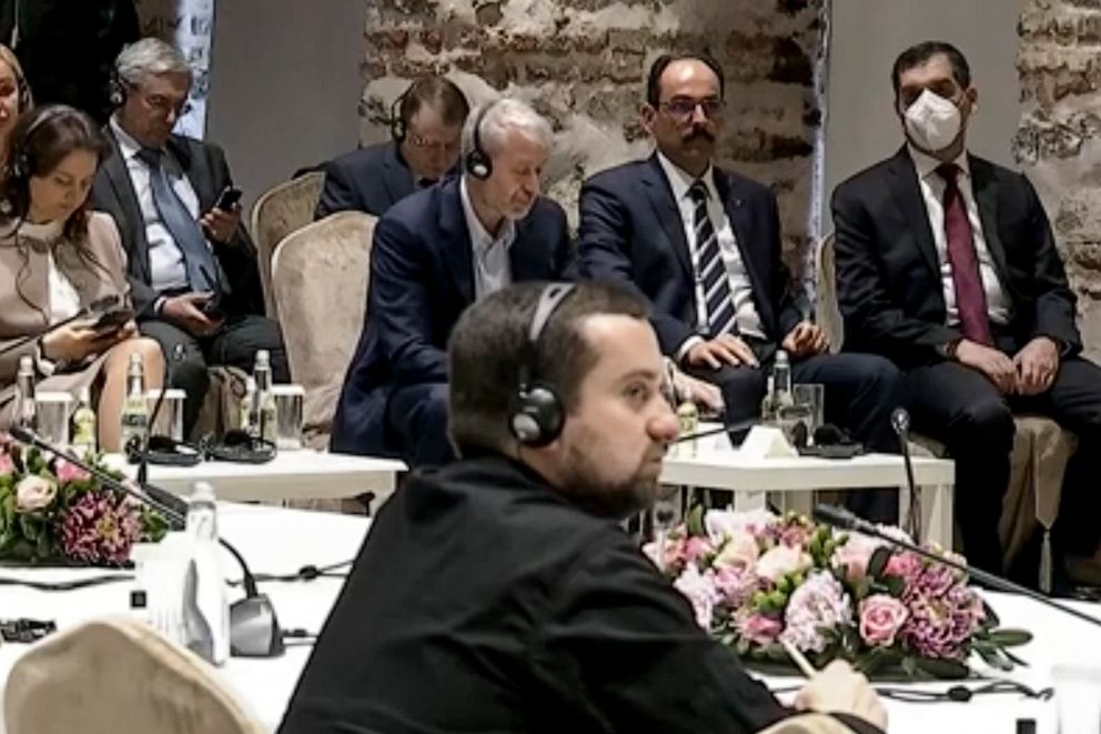 PHOTO: Russian Roman Abramovich, top center, 3rd from right, listens to Turkish President Recep Tayyip Erdogan during the Russian and Ukrainian delegations meeting for talks in Istanbul, Turkey, March 29, 2022.