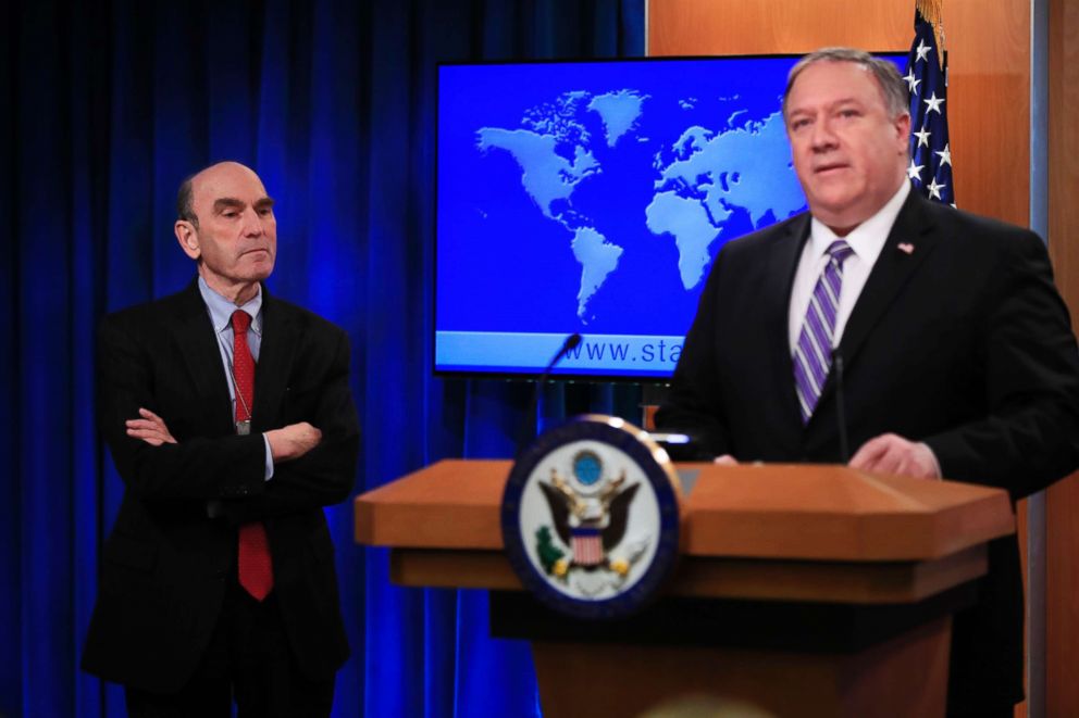 PHOTO: Elliott Abrams, left, listens to Secretary of State Mike Pompeo talk about Venezuela at the State Department in Washington D.C., Jan. 25, 2019. 