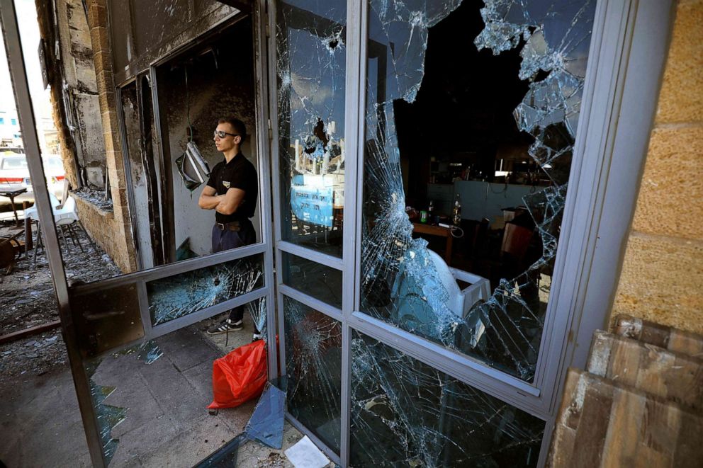 PHOTO: A restaurant in Acre, a mixed Arab-Jewish town in northwest Israel, is heavily damaged after being attacked, May 13, 2021.
