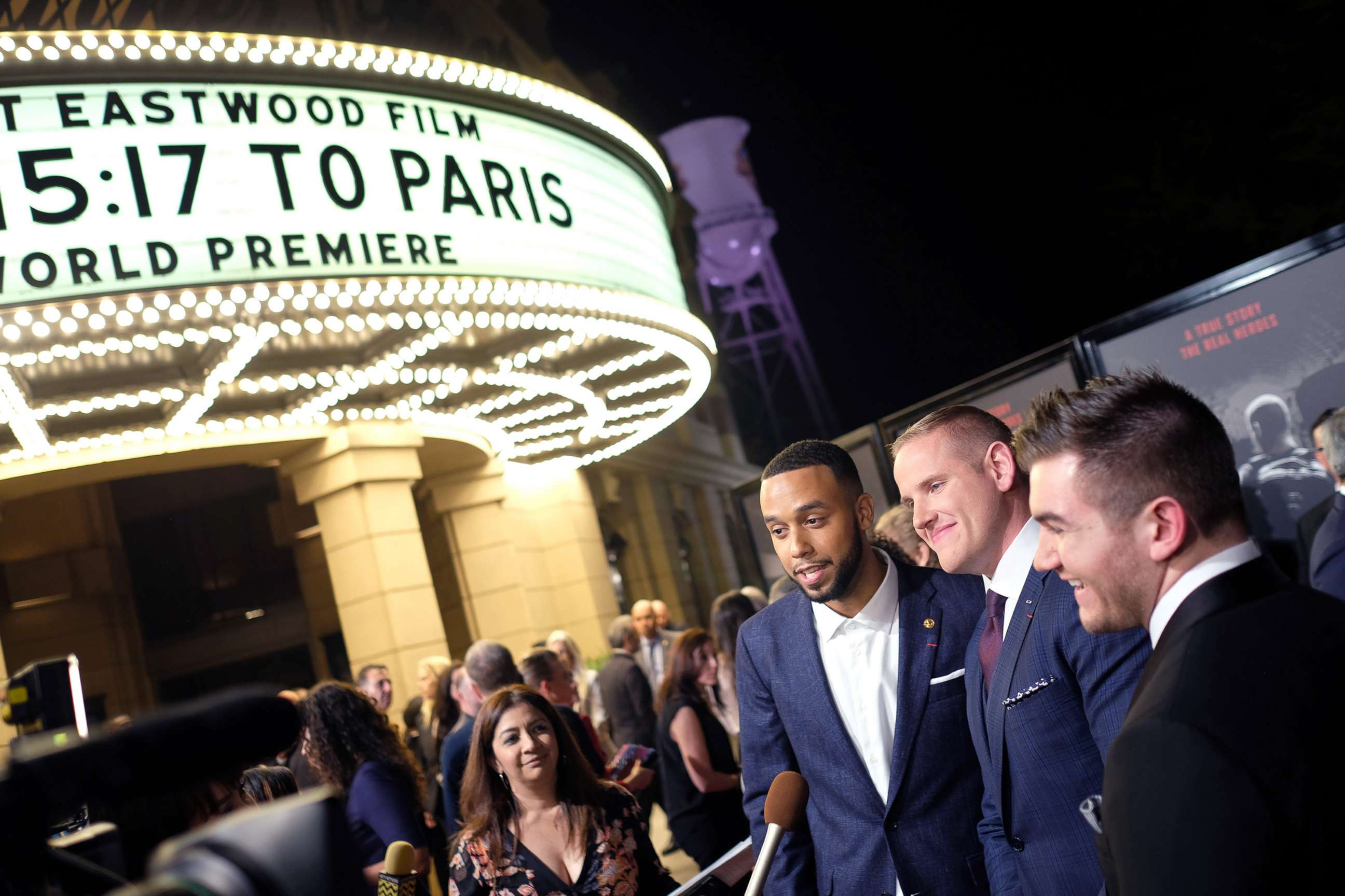 PHOTO: From left, Anthony Sadler, Alek Skarlatos and Spencer Stone arrive for the world premiere of "The 15:17 to Paris" in Burbank, Calif., Feb. 5, 2018.