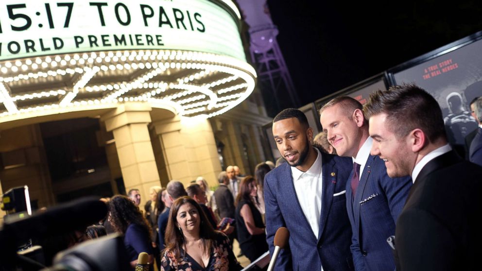 PHOTO: From left, Anthony Sadler, Alek Skarlatos and Spencer Stone arrive for the world premiere of "The 15:17 to Paris" in Burbank, Calif., Feb. 5, 2018.
