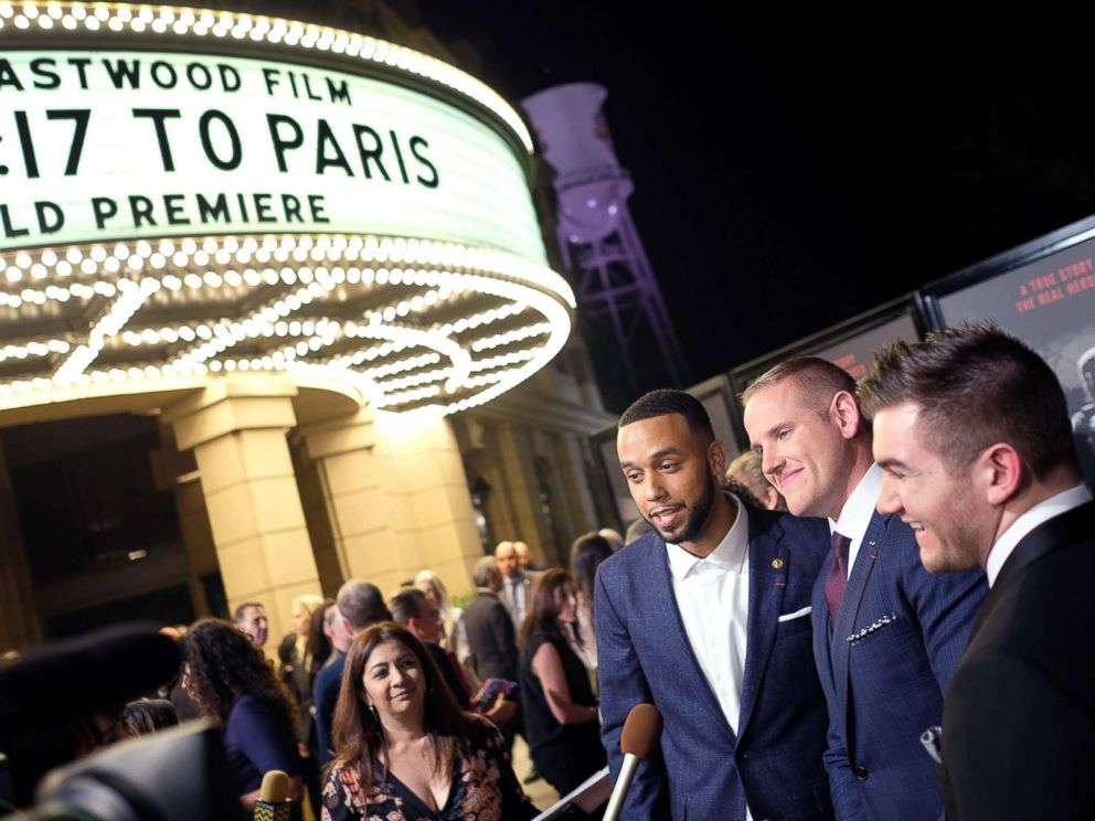 PHOTO: From left, Anthony Sadler, Alek Skarlatos and Spencer Stone arrive for the world premiere of The 15:17 to Paris in Burbank, Calif., Feb. 5, 2018.