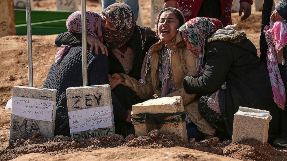 PHOTO: People bury their loved ones at the cemetery in Adiyaman, Turkey after the earthquake on Friday, Feb. 10, 2023.