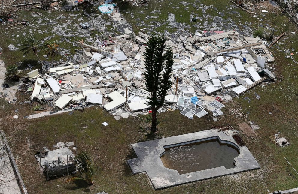 PHOTO: A flattened building scattered near a pool after hurricane Dorian hit the Grand Bahama Island in the Bahamas, Sept. 4, 2019.