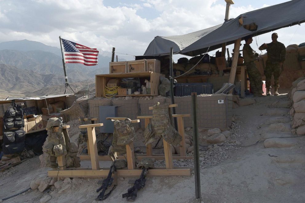 PHOTO: US Army soldiers at a checkpoint during a patrol against Islamic State militants in the eastern province of Nangarhar Province in Afghanistan, July 7, 2018. 