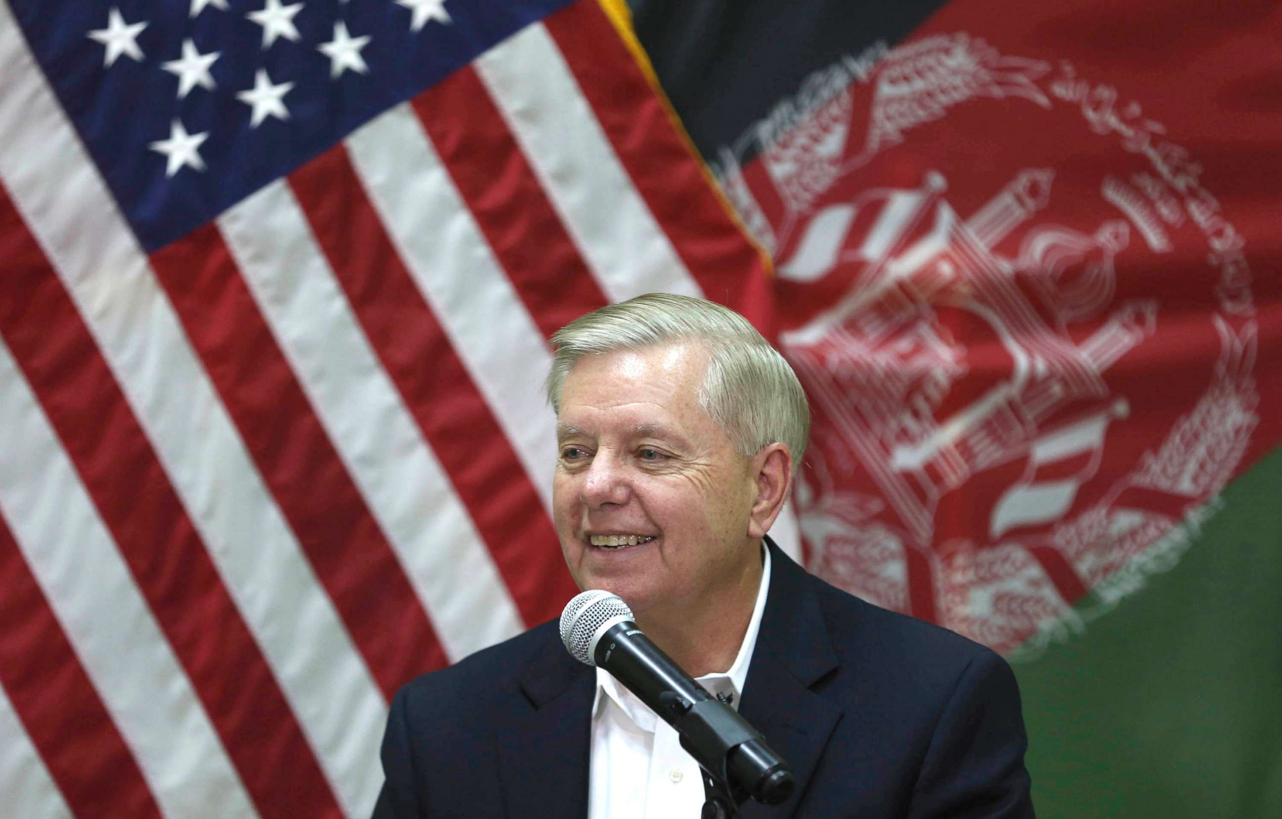 PHOTO: Senator Lindsey Graham speaks during a press conference at the Resolute Support headquarters in Kabul, Afghanistan, Dec. 16, 2019. 