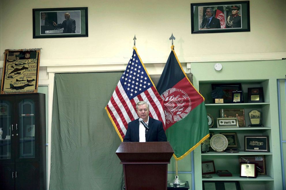 PHOTO: Senator Lindsey Graham speaks during a press conference at the Resolute Support headquarters in Kabul, Afghanistan, Dec. 16, 2019. 