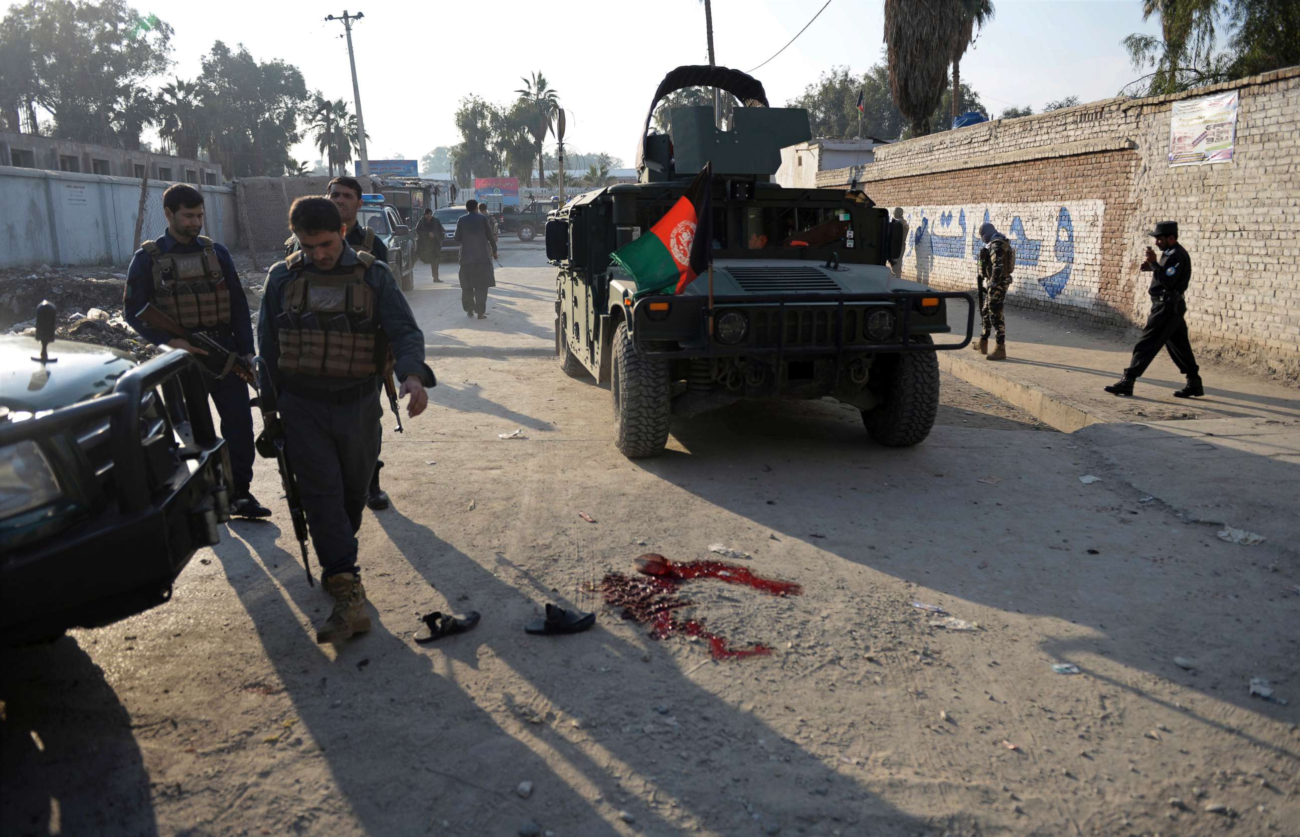 PHOTO: Afghan security police arrive at the scene of a suicide attack in Nangarhar province east of Kabul, Afghanistan, Nov. 23, 2017. An Afghan official said the attack has killed eight people and wounded 17. 