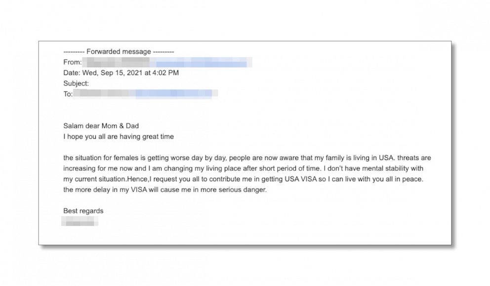 PHOTO: A provided screen grab shows an email exchange between a woman in Afghanistan, whose name is being withheld for security concerns, and her parents in the U.S. from September 2021, following the withdrawal of U.S. forces from the country.
