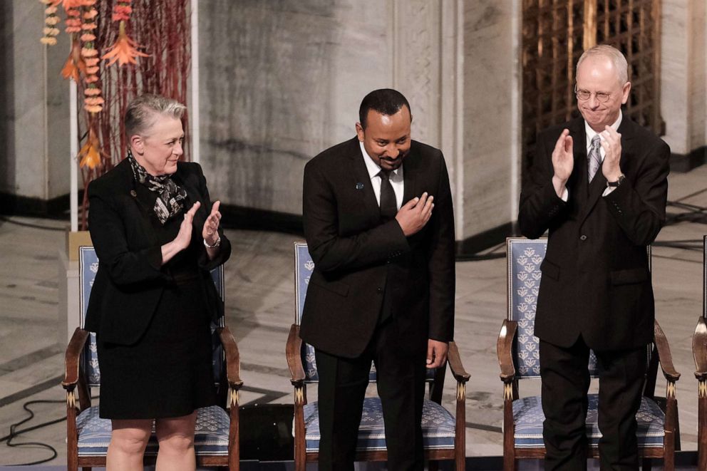 PHOTO:Chairman of the Norwegian Nobel Committee Berit Reiss-Andersen, Ethiopia's Prime Minister and 2019 Nobel Peace Prize Laureate Abiy Ahmed Ali are seen on stage during the Nobel Peace Prize ceremony, Dec. 10, 2019, in Oslo.