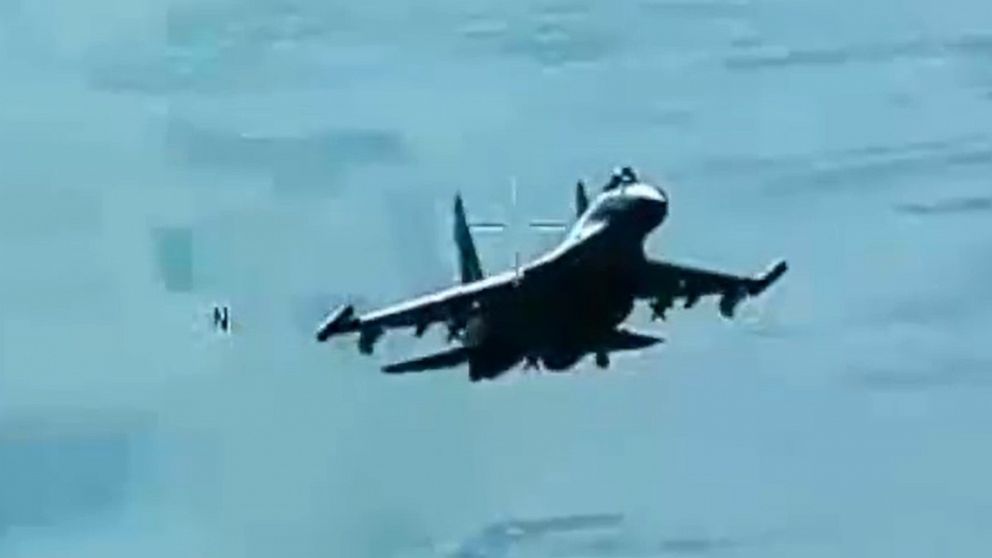 PHOTO: This screenshot is from a video taken on July 23, 2023 and released by the U.S. military that officials say shows a Russian jet interfering and damaging an American drone.
