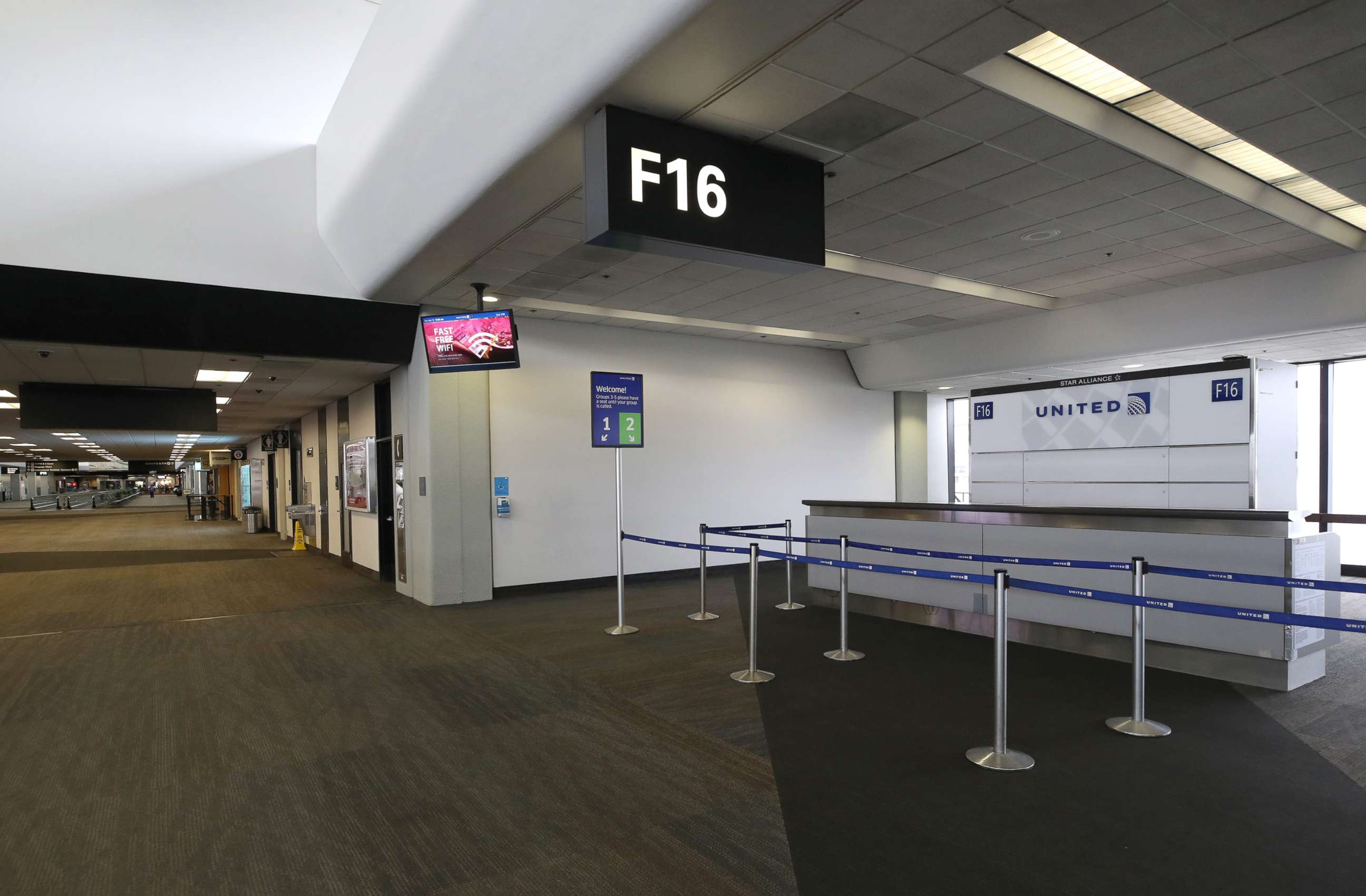 PHOTO: United Airlines boarding gates sit empty at San Francisco International Airport, April 12, 2020,  in San Francisco, Calif.