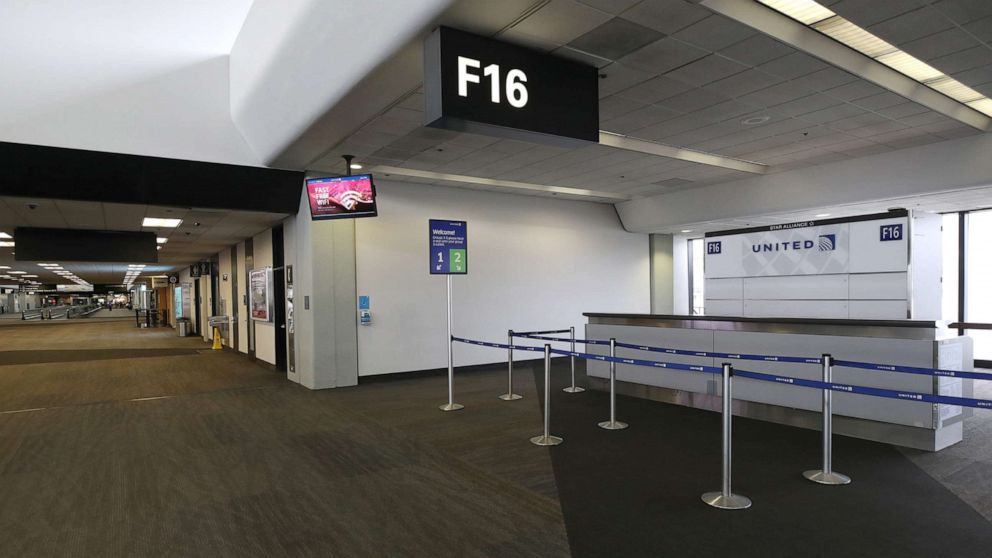 PHOTO: United Airlines boarding gates sit empty at San Francisco International Airport, April 12, 2020,  in San Francisco, Calif.