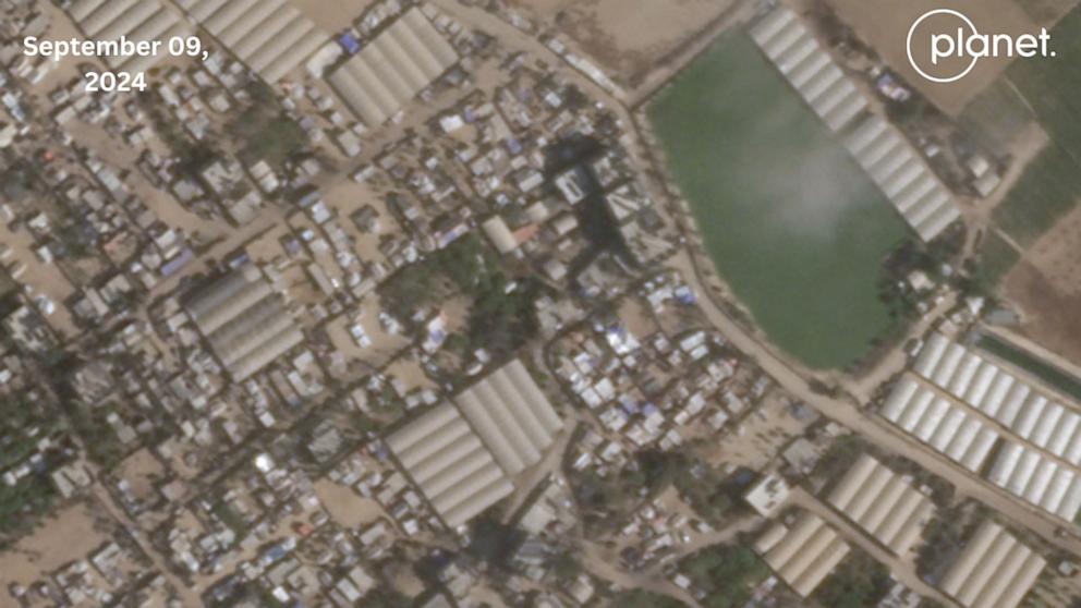 PHOTO: Satellite imagery captured the day before the attack, show a cluster of a dozen tents at the location of the strike in the densely populated Al Mawasi area.