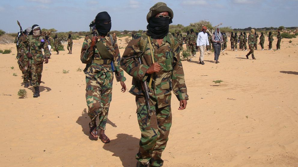 A file photo showing Somali Al-Shebab fighters as they gathered on Feb. 13, 2012 in Elasha Biyaha, after a demonstration to support the merger of Al-shebab and the Al-Qaeda network. 