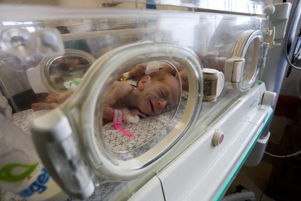 PHOTO: Premature babies, who were evacuated from an incubator at Al-Shifa Hospital in Gaza City, receive treatment at a hospital in Rafah in the southern Gaza Strip on Nov. 19, 2023.