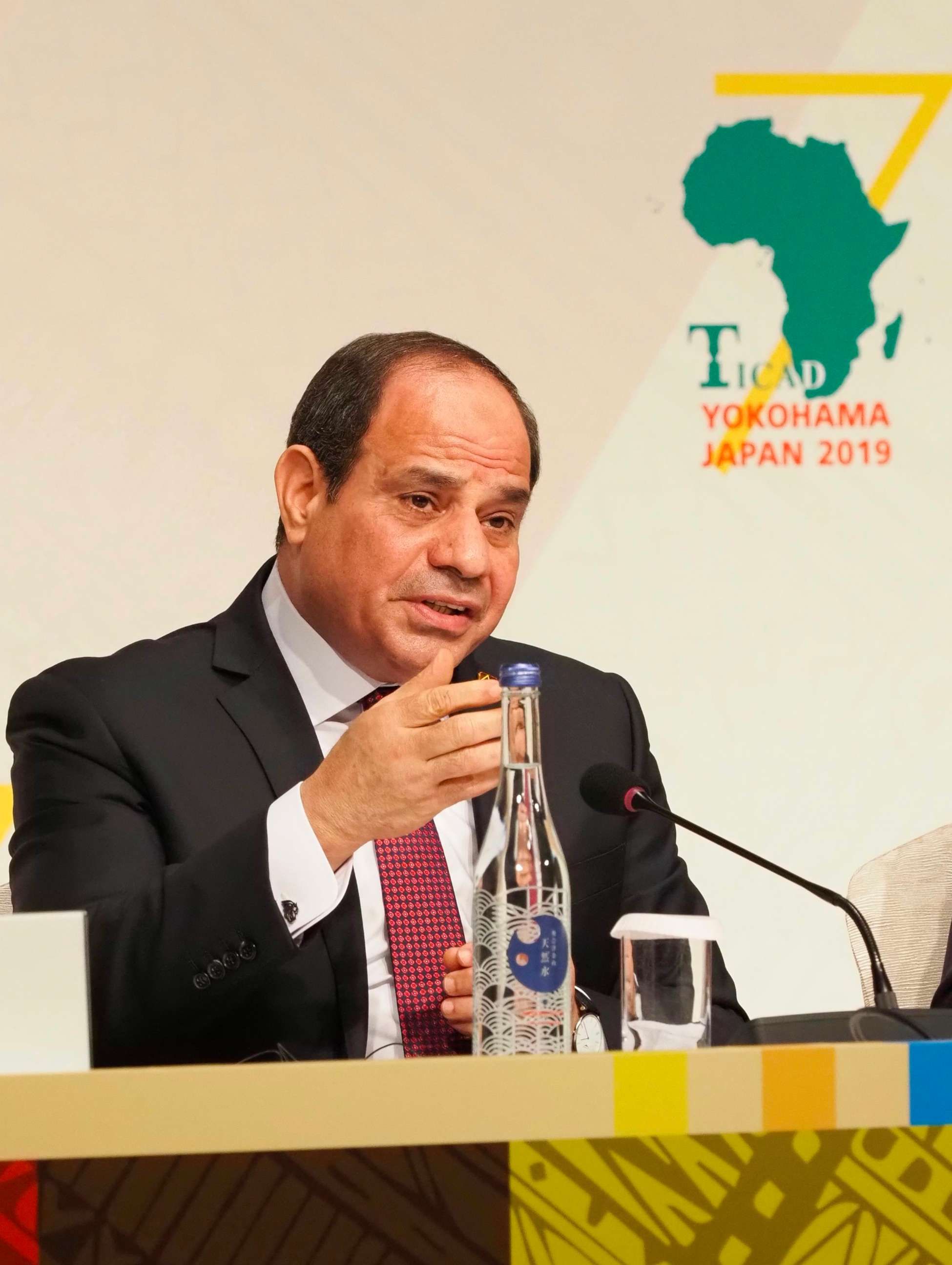 PHOTO: African Union Chairperson and Egypts President Abdel Fattah al-Sisi answers a question during a joint press conference of the seventh Tokyo International Conference on African Development (TICAD) in Yokohama on Aug. 30, 2019.