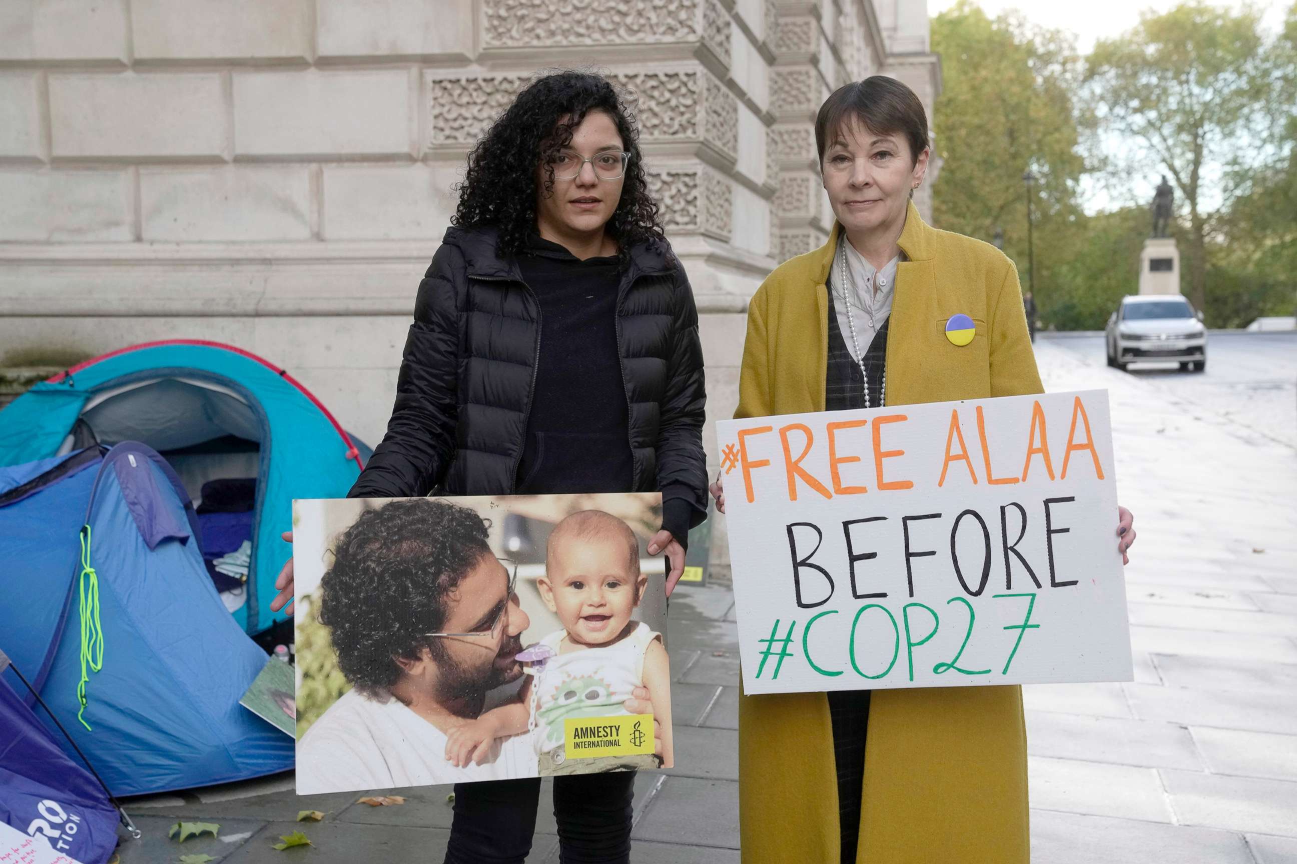 PHOTO: Sanaa Seif, sister of Egypt's leading pro-democracy activist Alaa Abdel-Fattah, poses with Caroline Lucas, Green Party MP outside the Foreign Office in London, Nov. 1, 2022. Alaa Abdel-Fattah began a "full hunger strike" on Tuesday.