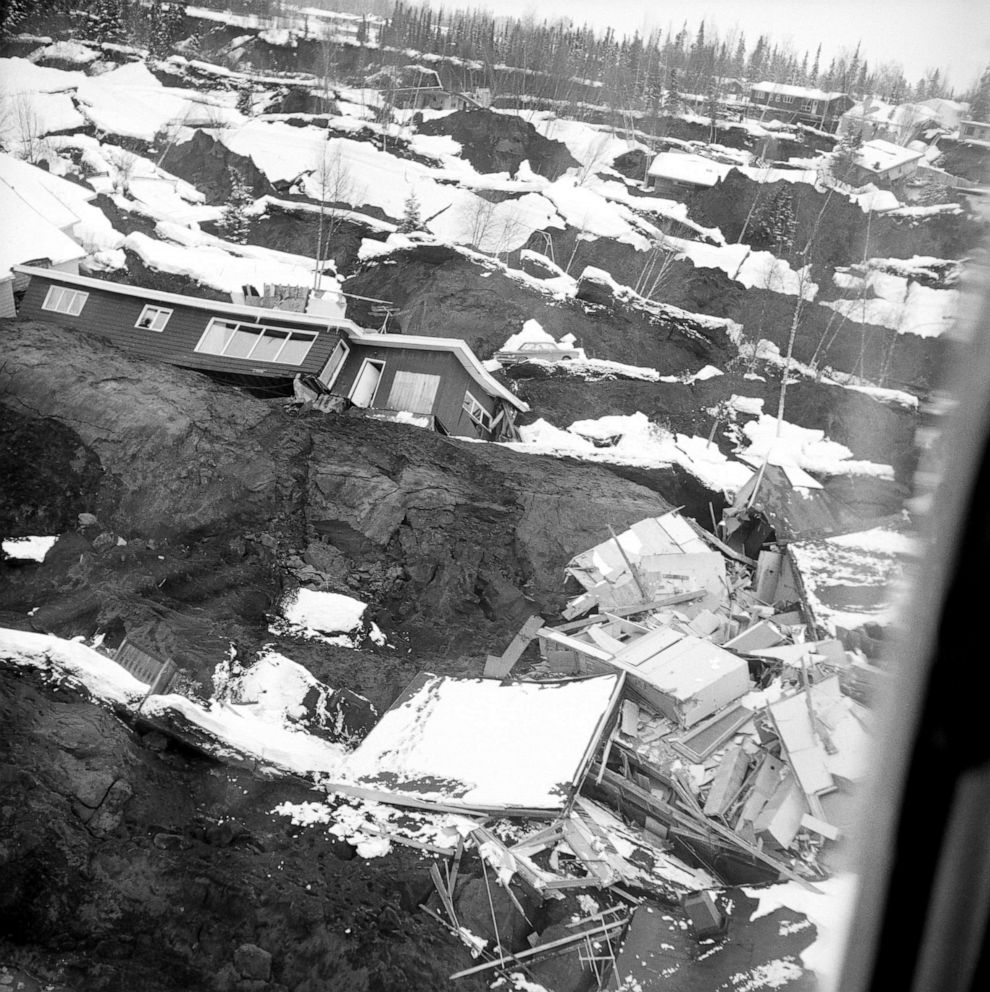 PHOTO: In this March 29, 1964, file photo, cliffside homes lie in ruins in the Turnagin residential section of Anchorage, Alaska.