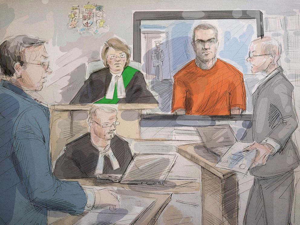 PHOTO: Defense lawyer Boris Bytensky, left to right, Justice Ruby Wong, Alek Minassian and Crown prosecutor Joe Callaghan are shown in court as Minassian appears by video in Toronto, May 10, 2018 in this courtroom sketch.