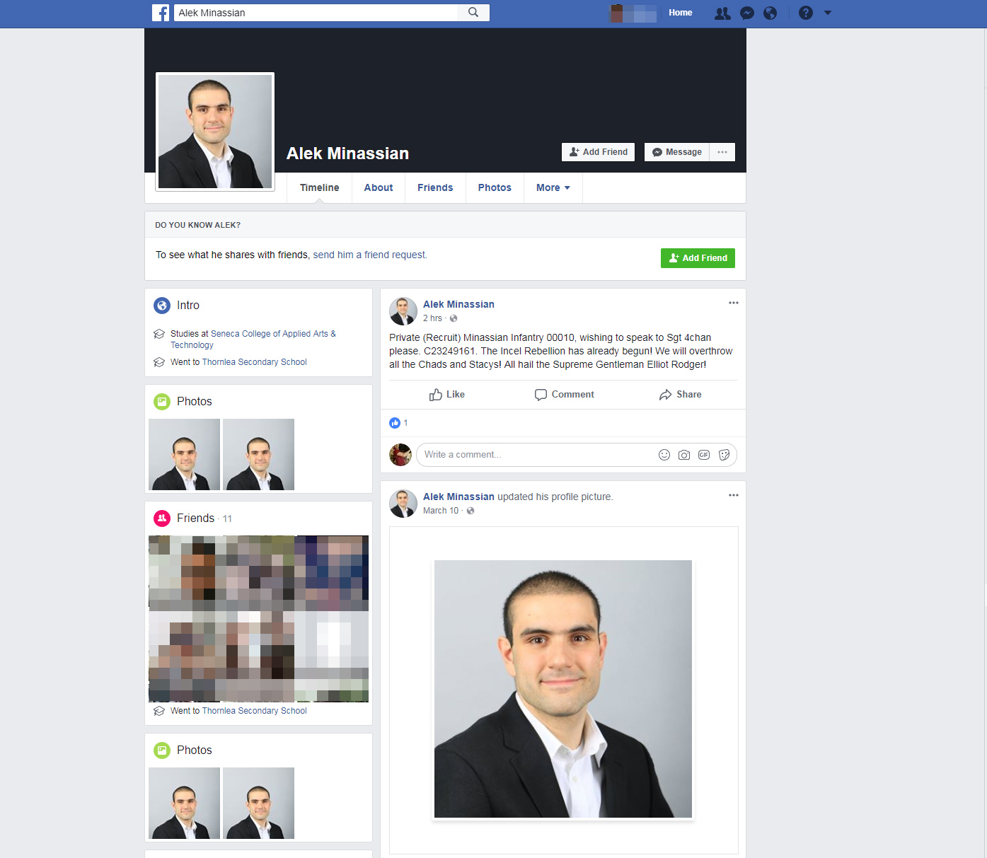 PHOTO: Alek Minassian had just one post on his Facebook account, which was taken down soon after the van attack in Toronto on April 23, 2018.
