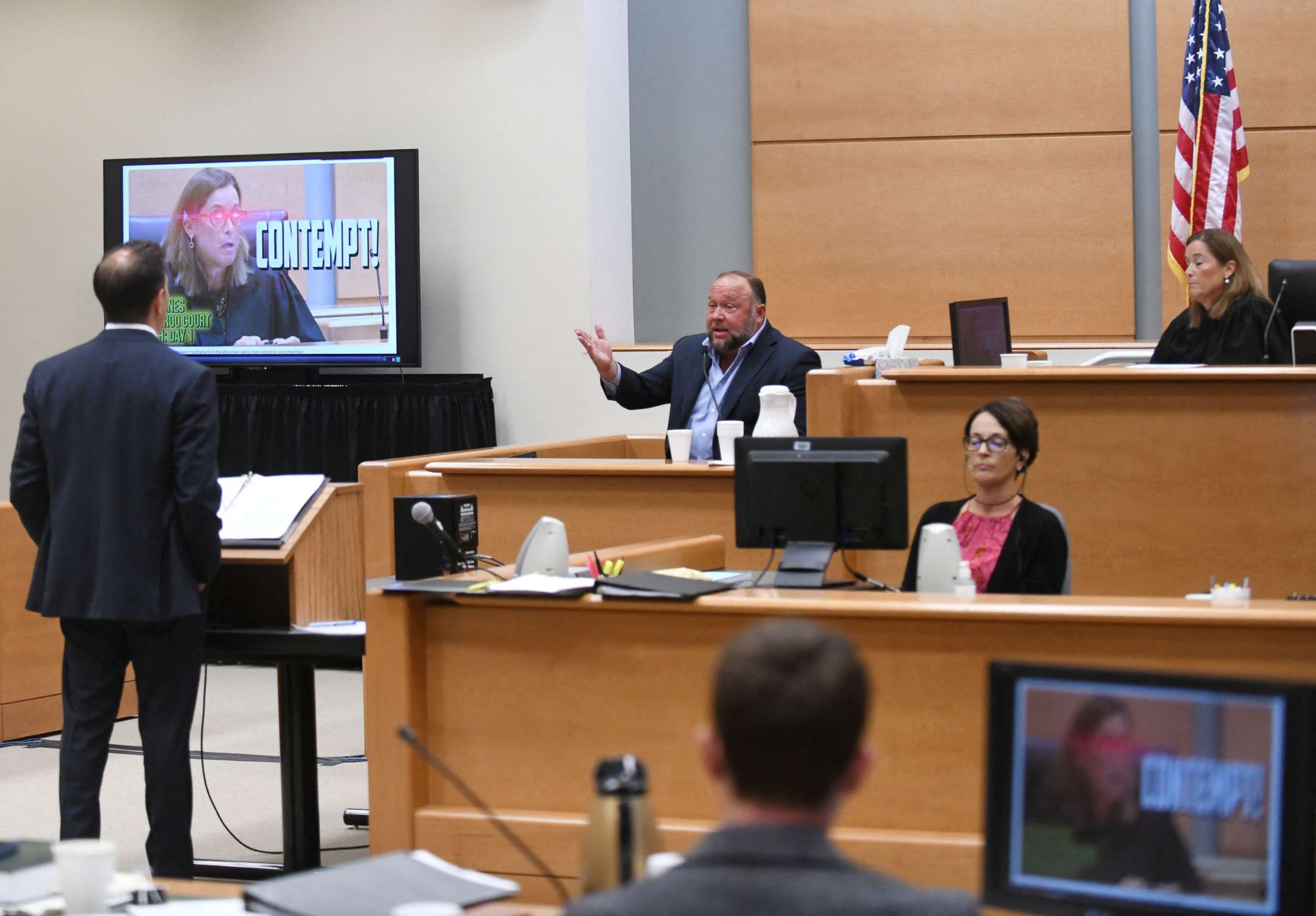 PHOTO: Infowars founder Alex Jones takes the witness stand to testify during the Alex Jones Sandy Hook defamation damages trial at Connecticut Superior Court in Waterbury, Connecticut, U.S., September 22, 2022.