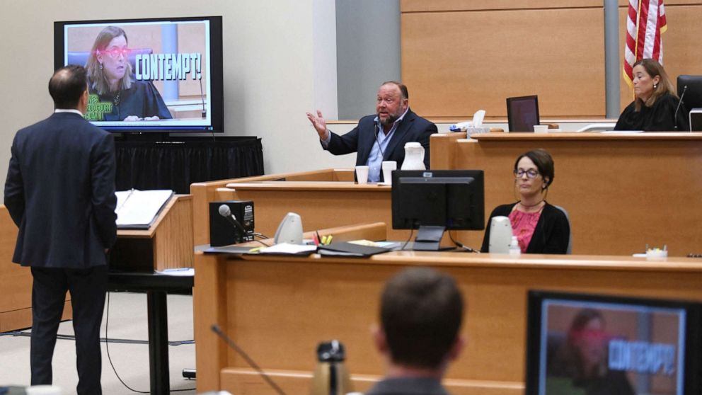 Photo: Infowars founder Alex Jones takes the stand of a witness to testify during the Alex Jones Sandy Hook defamation trial at Connecticut Superior Court on September 22, 2022 in Waterbury, Connecticut, US.