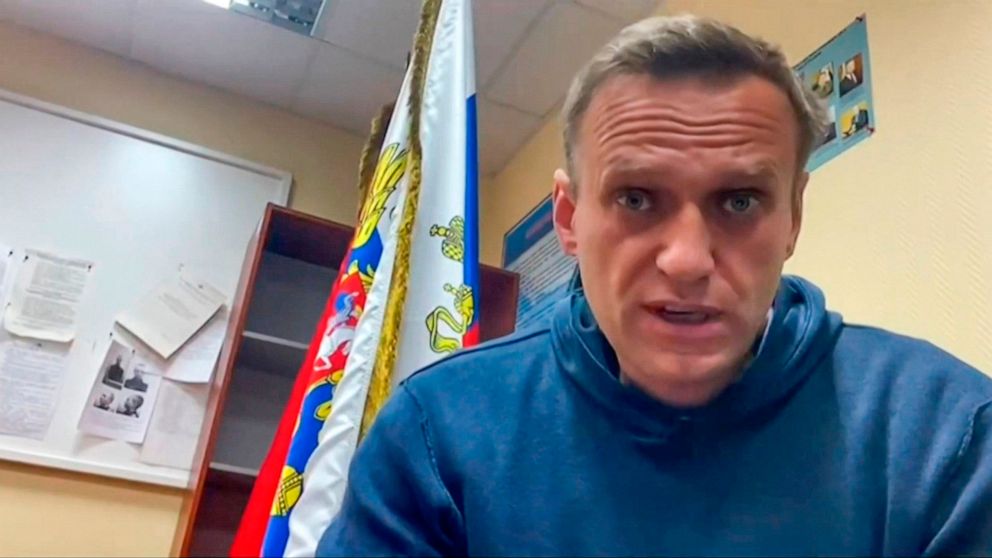 PHOTO: Alexei Navalny speaking while waiting for a court hearing at a police station in Khimki, Russia, Jan. 18, 2021.