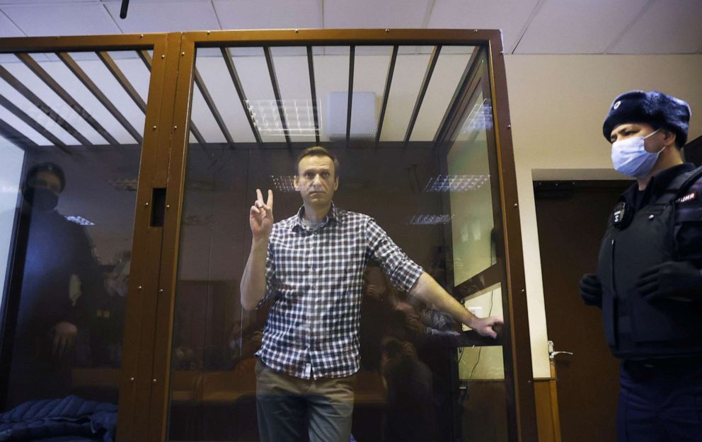 PHOTO: Russian opposition leader Alexei Navalny attends a hearing to consider an appeal against an earlier court decision to change his suspended sentence to a real prison term, in Moscow, Feb. 20, 2021.