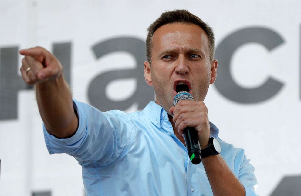 PHOTO: In this file photo taken on Saturday, July 20, 2019, Russian opposition activist Alexei Navalny gestures while speaking to a crowd during a political protest in Moscow.
