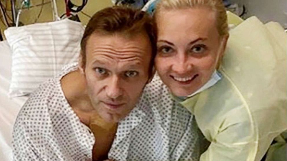 PHOTO: Russian opposition politician Alexei Navalny and his wife Yulia pose for a picture at Charite hospital in Berlin, in an undated image posted on Navalny's Instagram account, Sept. 15, 2020. 