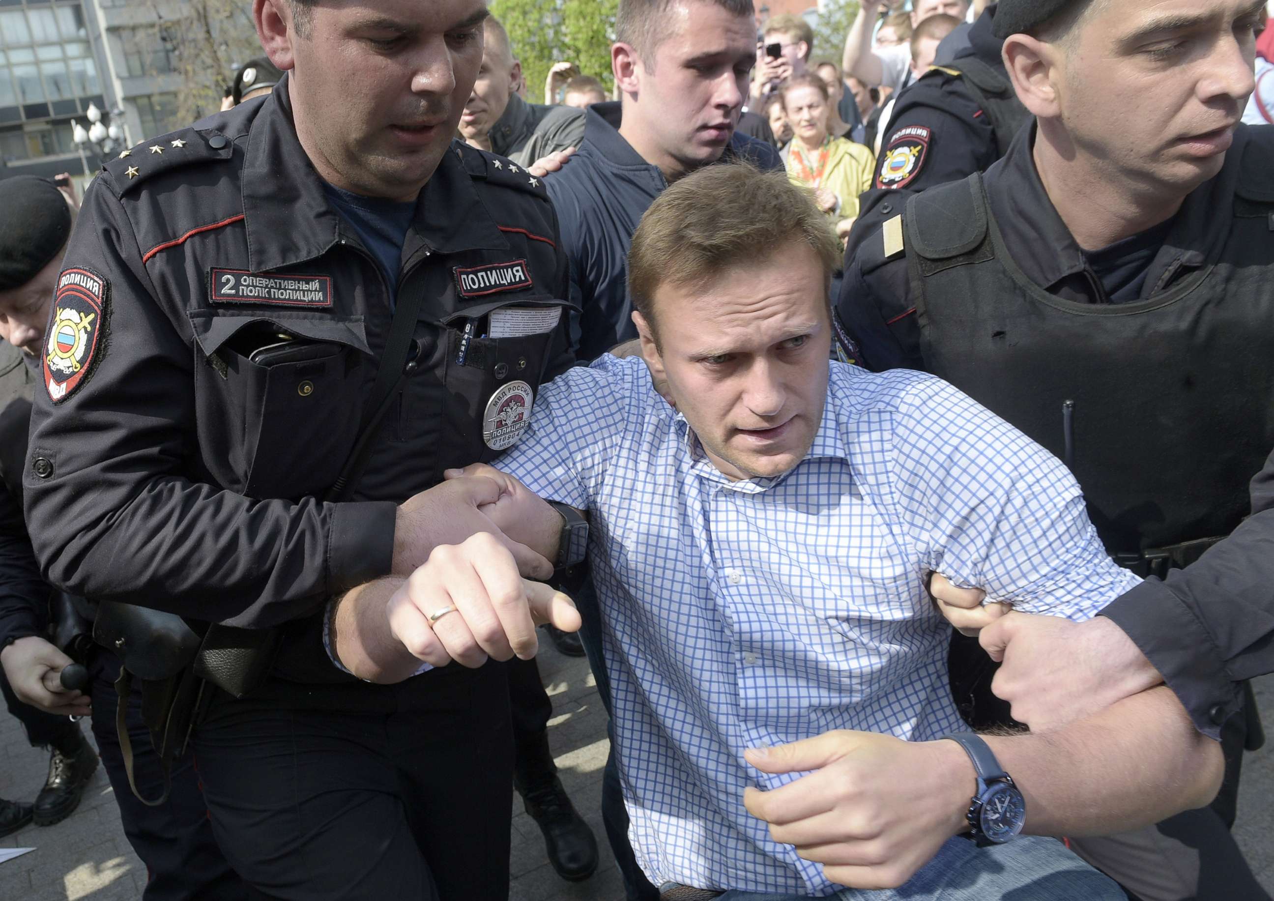 PHOTO: Chairman of the Party "Progress Party" Alexei Navalny (center) is detained during a demonstration against President Vladimir Putin in Moscow, Russia, May 5, 2018.
