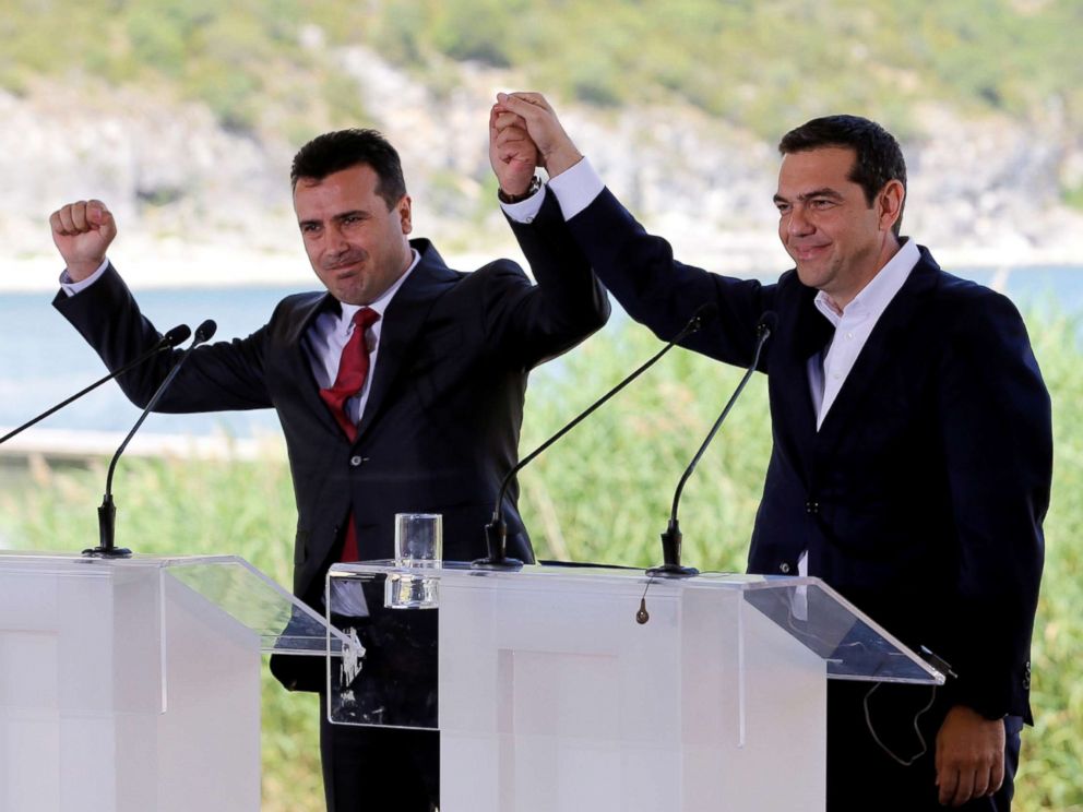 alexis-tsiprias-zoran-zaev-rt-jt-180617_hpMain_4x3_992 alexis-tsiprias-zoran-zaev-rt-jt-180617_hpMain_4x3_992 PHOTO: Greek Prime Minister Alexis Tsipras and Macedonian Prime Minister Zoran Zaev gesture before the signing of an accord to settle a long dispute over the former Yugoslav republics name in the village of Psarades, in Prespes, Greece, June 17, 2018. Greece and Macedonia hope to end decades-long dispute over name alexis tsiprias zoran zaev rt jt 180617 hpMain 4x3 992