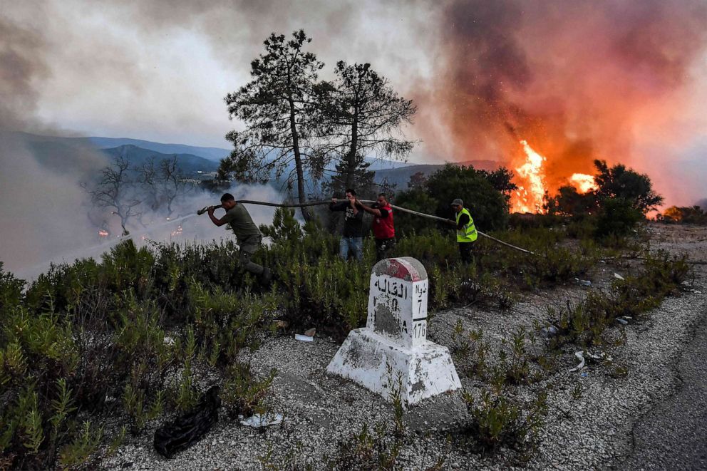 PHOTO: Firefighters attempt to extinguish a raging forest fire near the town of Melloula in northwestern Tunisia close to the border with Algeria on July 24, 2023.