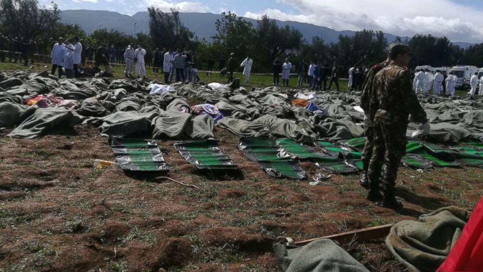 PHOTO: Bodies of victims are covered with blankets after Algerian military plane crashed near an airport outside the capital Algiers, Algeria, April 11, 2018 in this still image taken from a video.
