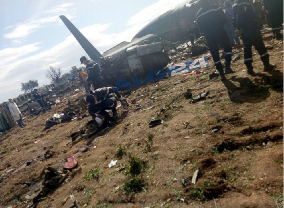 PHOTO: This image dated April 11, 2018, was posted by Algerian news agency ALG24, shows firefighters and soldiers at the scene of a fatal military plane crash near Boufarik military base near the Algerian capital, Algiers.