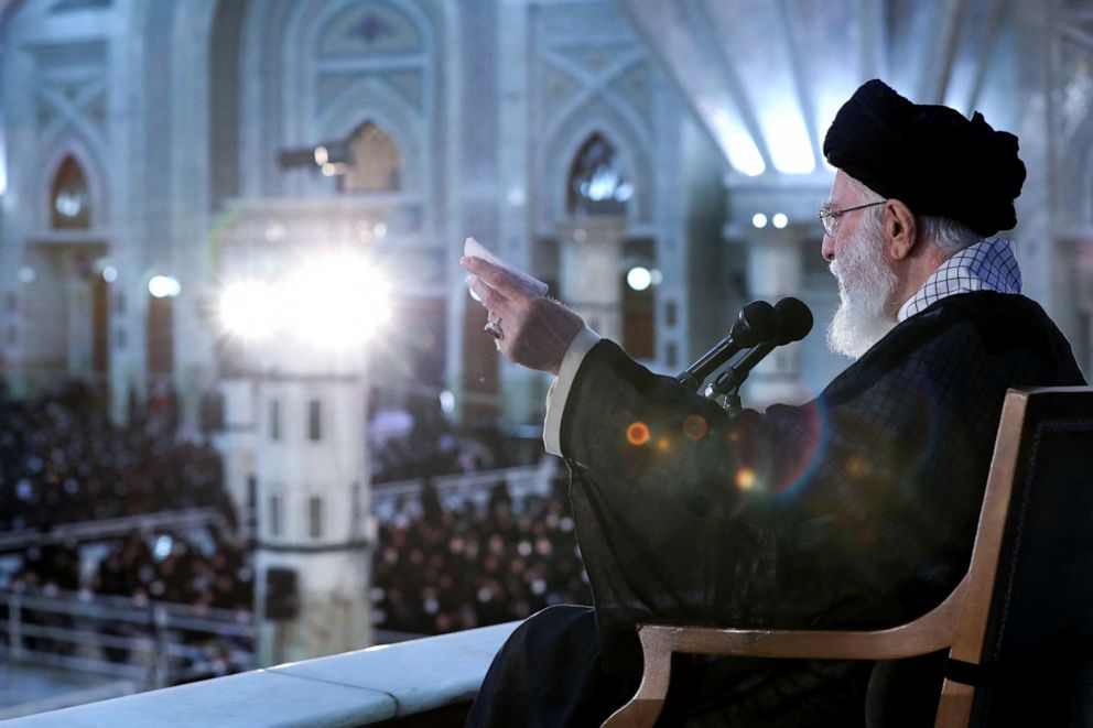 PHOTO: Iran's Supreme Leader Ayatollah Ali Khamenei speaks during the 33rd anniversary of the death of the leader of Iran's 1979 Islamic revolution, Ayatollah Ruhollah Khomeini, at Khomeini's shrine in southern Tehran, Iran, on June 4, 2022.
