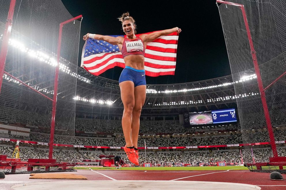 PHOTO: Valarie Allman, of the United States, celebrates after winning the gold medal in the women's discus throw final at the 2020 Summer Olympics, Monday, Aug. 2, 2021, in Tokyo.