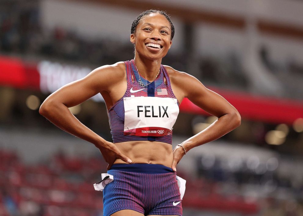 PHOTO: Allyson Felix of the USA reacts after winning the bronze medal in the women's 400-meter final on day 14 of the Tokyo 2020 Olympic Games at Olympic Stadium on Aug. 6, 2021, in Tokyo.