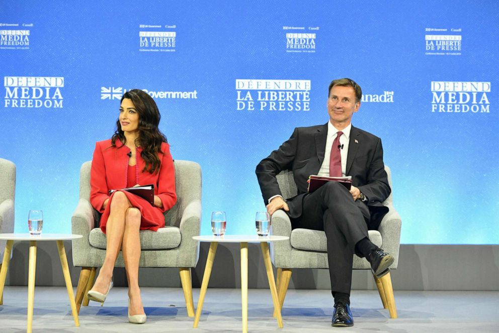 PHOTO: Amal Clooney and Britain's Foreign Secretary Jeremy Hunt during the Global Conference for Media Freedom in London, July 10, 2019.