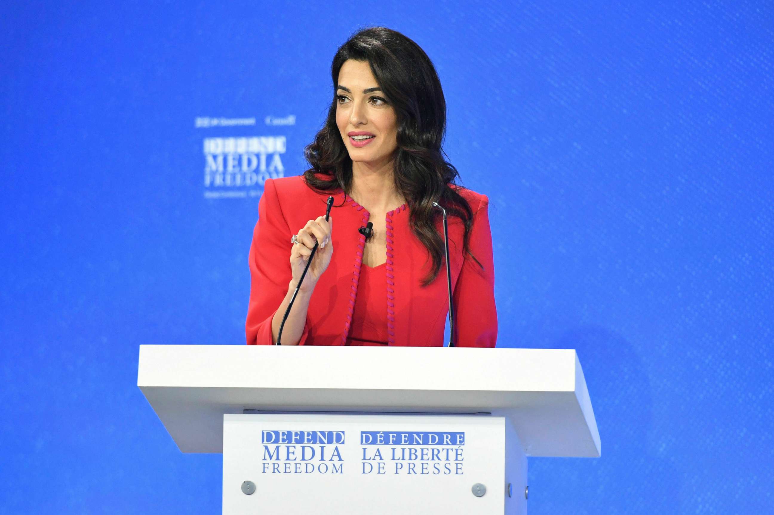 PHOTO: Amal Clooney spekas during the Global Conference for Media Freedom in London, July 10, 2019.