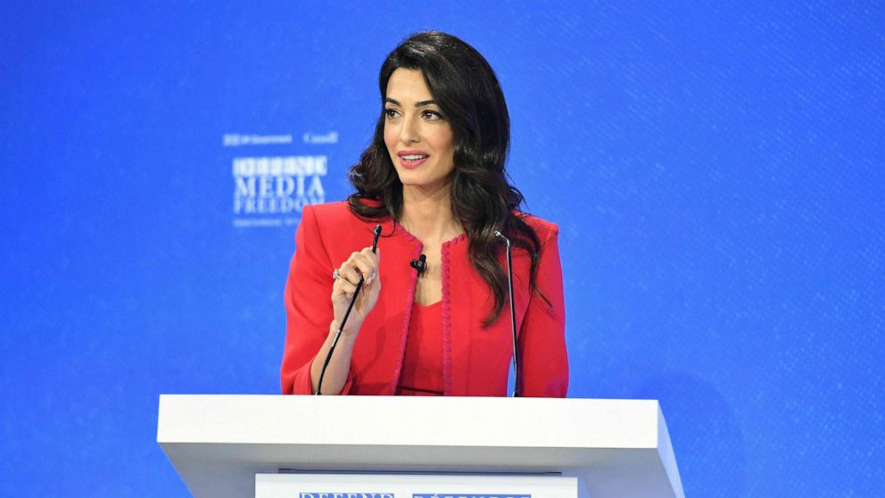 PHOTO: Amal Clooney spekas during the Global Conference for Media Freedom in London, July 10, 2019.