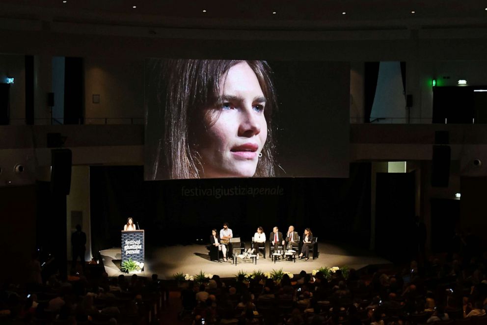 PHOTO: Amanda Knox addresses a panel discussion titled "Trial by Media" during the Criminal Justice Festival at the Law University of Modena, northern Italy, June 15, 2019.