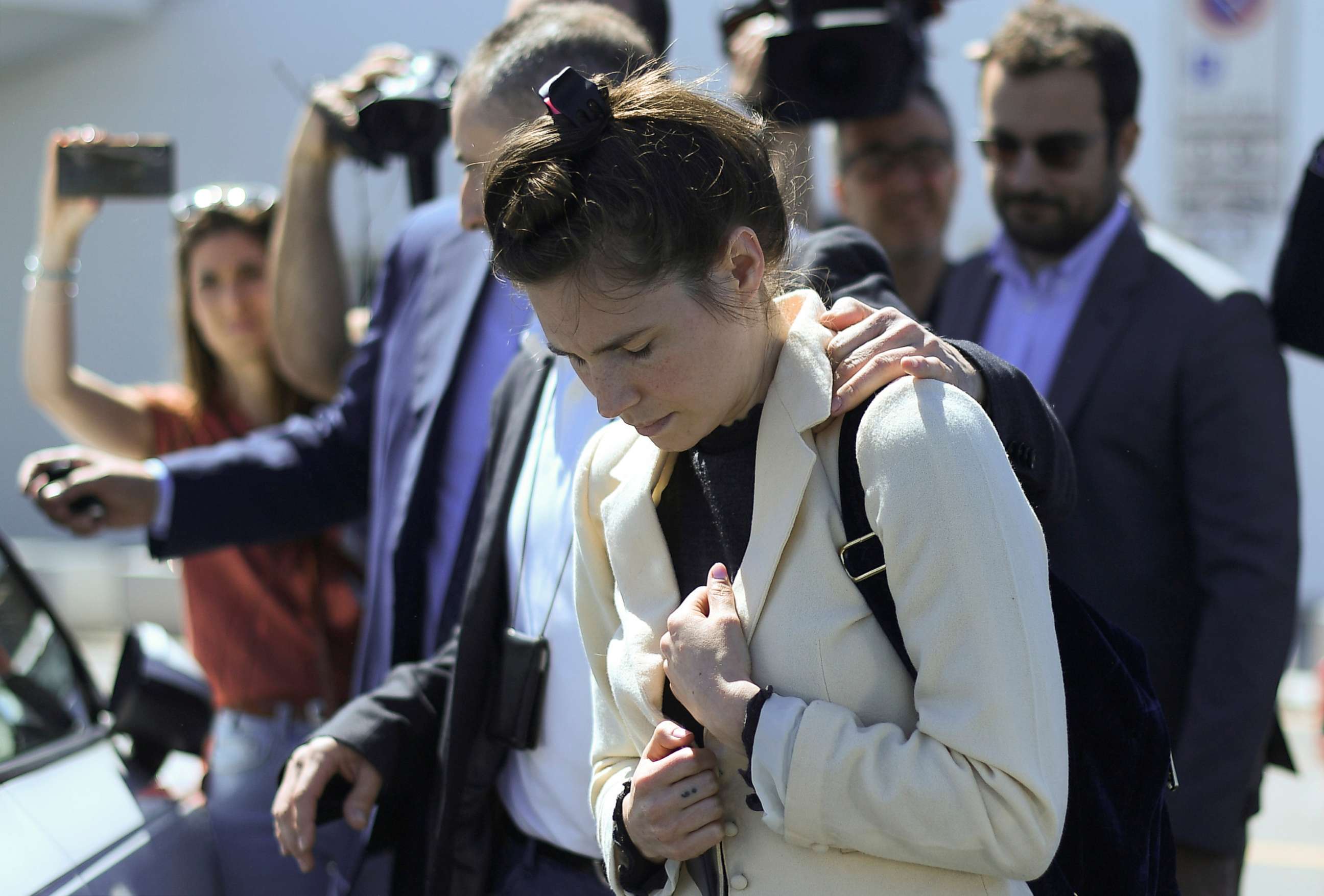 Amanda Knox, a former American student who was accused and then acquitted of the murder of her roommate British student Meredith Kercher and visits Italy to speak at the Criminal Justice Festival, arrives at Milan's Linate airport, Italy, June 13, 2019.