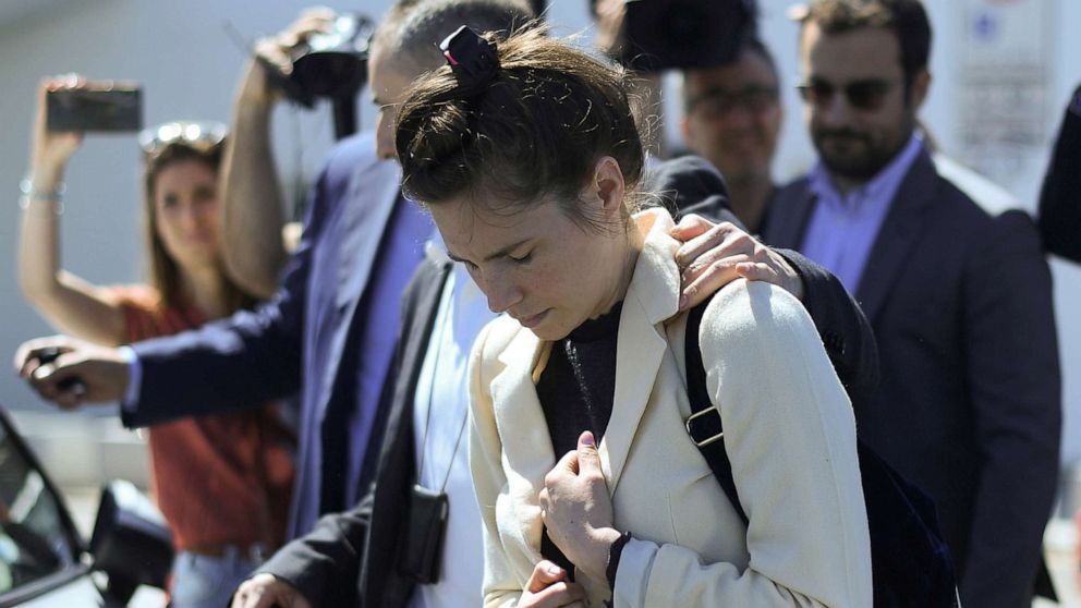 Amanda Knox, a former American student who was accused and then acquitted of the murder of her roommate British student Meredith Kercher and visits Italy to speak at the Criminal Justice Festival, arrives at Milan's Linate airport, Italy, June 13, 2019.