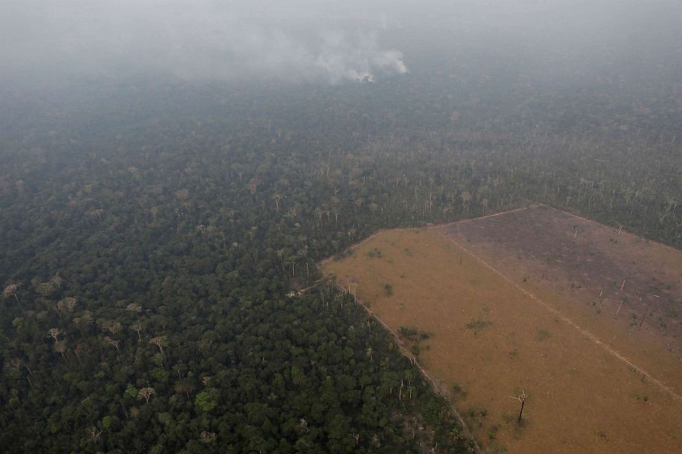 PHOTO: Smoke billows during a fire in an area of the Amazon rainforest near Porto Velho, Rondonia State, Brazil, August 21, 2019.