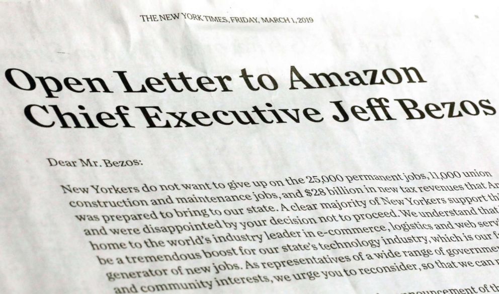 PHOTO: This photo shows a portion of an open letter published in the Friday, March 1, 2019 edition of The New York Times, urging Amazon CEO Jeff Bezos to reconsider the decision to abandon building a headquarters in New York City.
