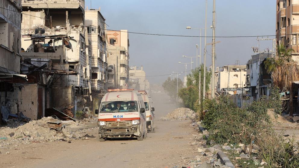 PHOTO: Ambulances transport wounded Palestinians from the Kamal Adwan Hospital to the al-Shifa hospital in Gaza City, on Dec. 28, 2024.