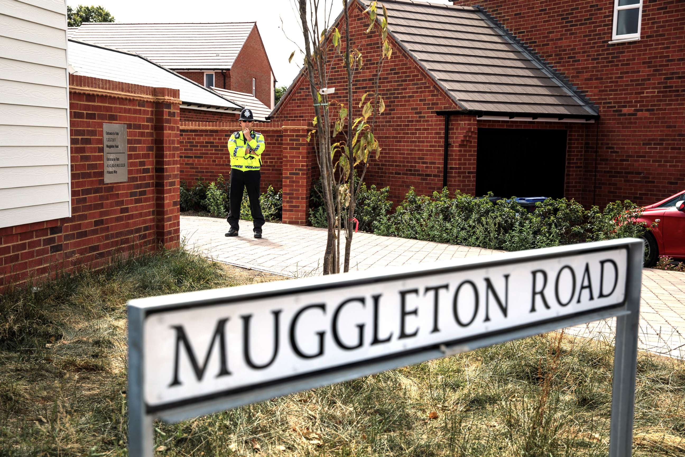 PHOTO: Police on the scene at Muggleton Road where a major incident was declared after a man and woman were exposed to an unknown substance on July 4, 2018, in Amesbury, England.